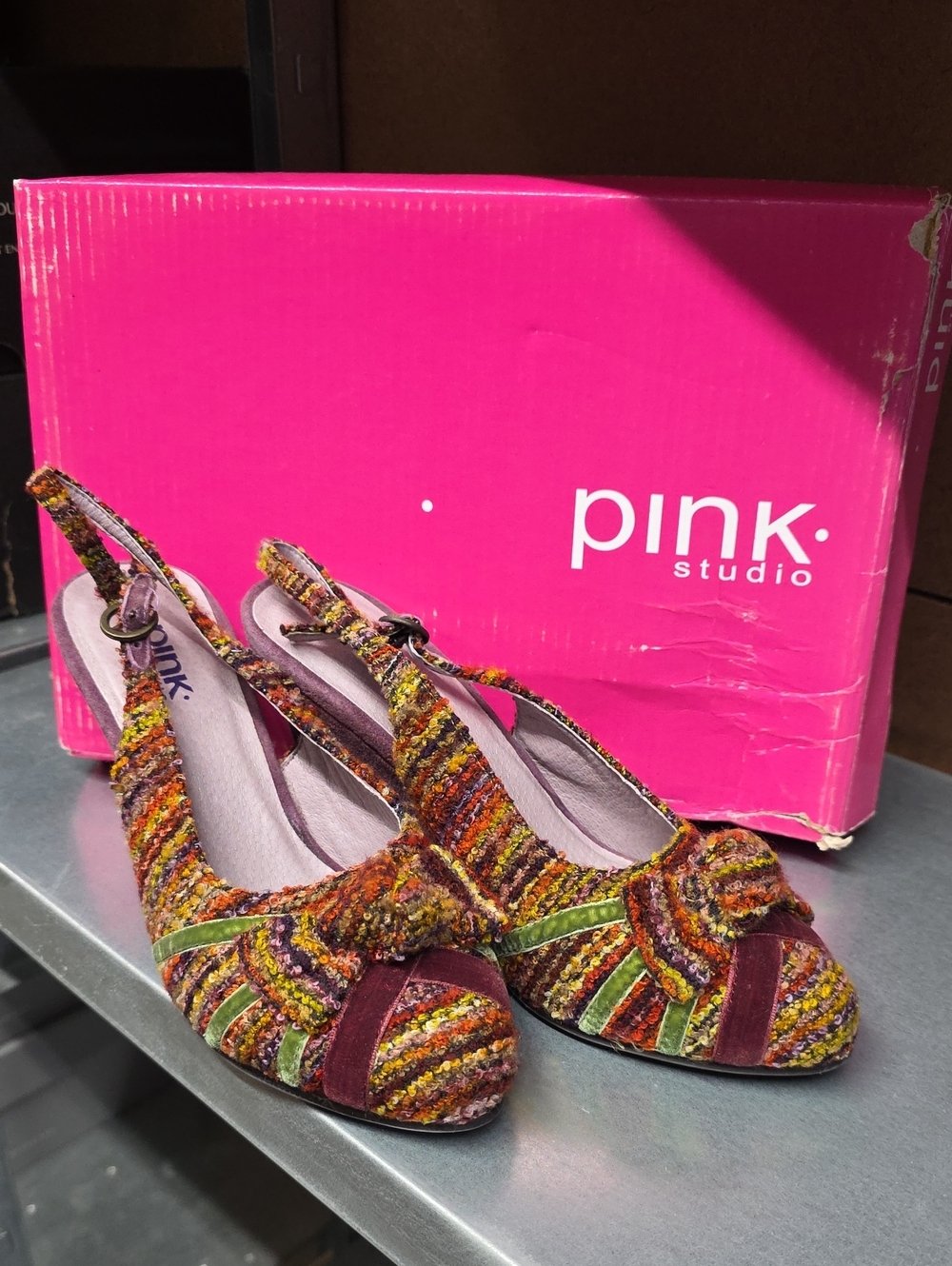 Vintage Deadstock Pink Studio Karen Multicolor Tweed Slingback Wedge Heels